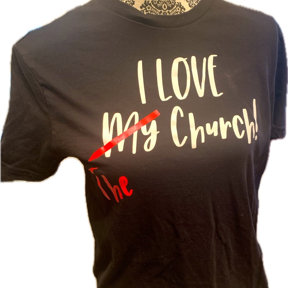 Customised, “I love the church” t shirt, size small
